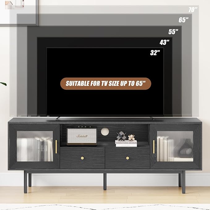 TV Stand for 65 Inch TV, Modern Entertainment Center with 2 Cabinets and 2 Drawers, Mid Century TV Stand for 55/60/65 inch TV, Media Console for Bedroom, Living Room and Office, Black - LeafyLoom