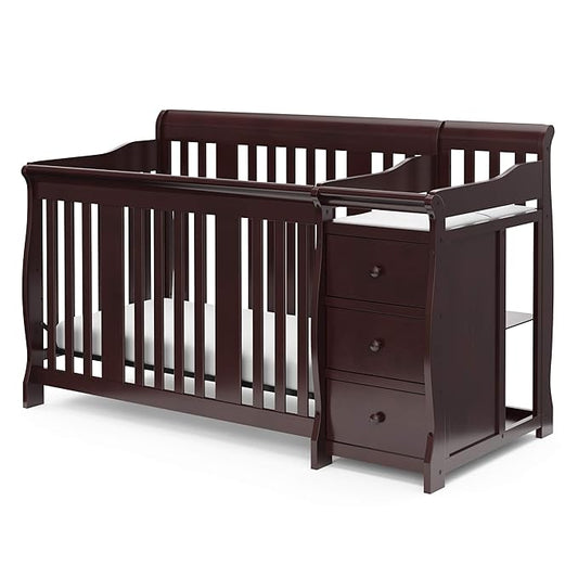 Storkcraft Portofino 5-in-1 Convertible Crib and Changer (Espresso) – Crib and Changing -Table Combo with 3 Drawers, Includes Baby Changing Pad, Converts to Full-Size Bed - LeafyLoom