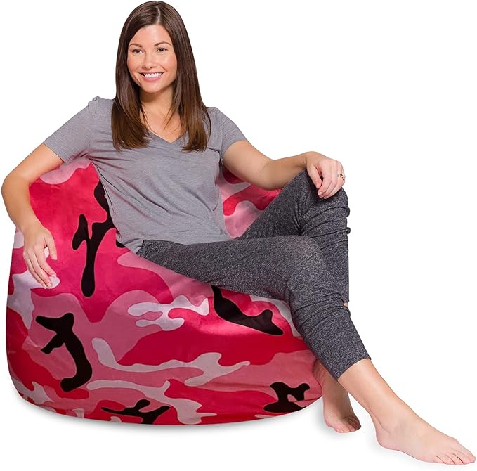 Posh Creations Bean Bag Chair for Kids, Teens, and Adults Includes Removable and Machine Washable Cover, Soft Nylon - Camo Pink and Black, 48in - X-Large - LeafyLoom