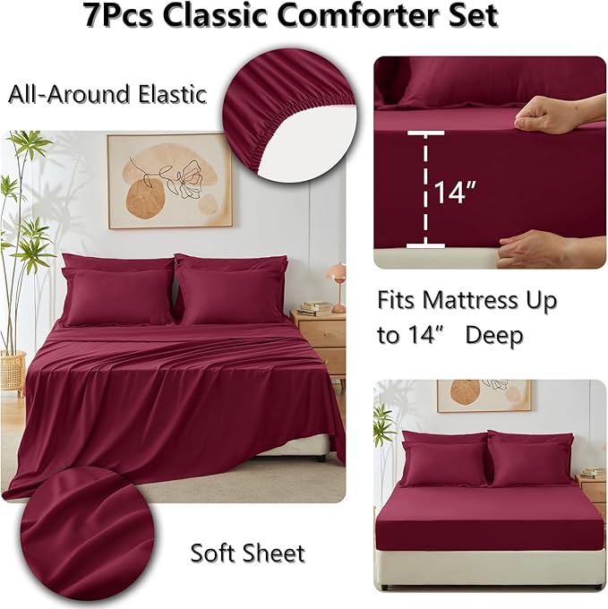 CozyLux Queen Comforter Set with Sheets 7 Pieces Bed in a Bag Burgundy All Season Bedding Sets with Comforter, Pillow Shams, Flat Sheet, Fitted Sheet and Pillowcases, Red, Queen - LeafyLoom