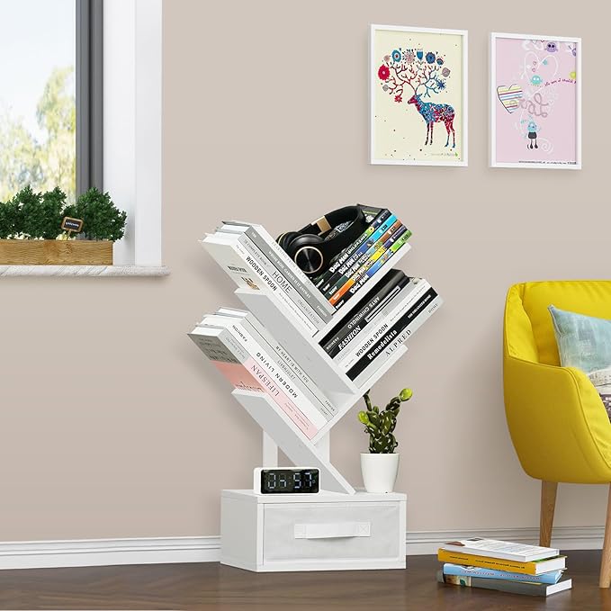 Small Bookshelf with Drawer,4 Tier Tree Book Shelf,Wood Desk Bookshelves,Modern Free Standing Desktop Display Shelves,White Floor Standing Organizer Bookcase for Living Room,Bedroom,Office - LeafyLoom