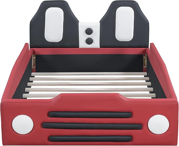 Twin Size Car Bed for Boys,Race Car-Shaped Wooden Platform Bedframe with Wheels & Safety Guardrail,Slats Support,Easy Assembly,Fun Play for Kids Toddlers Child's Bedroom,Red PU - LeafyLoom