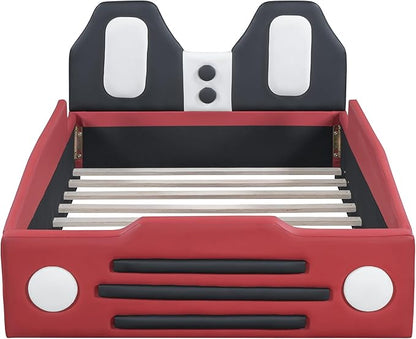 Twin Size Car Bed for Boys,Race Car-Shaped Wooden Platform Bedframe with Wheels & Safety Guardrail,Slats Support,Easy Assembly,Fun Play for Kids Toddlers Child's Bedroom,Red PU - LeafyLoom