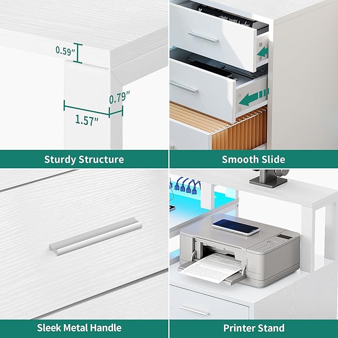 YITAHOME L Shaped Desk with 3 Drawers, 65" Corner Computer Desk with Power Outlets & LED Lights, L-Shaped Desk with File Cabinet & Printer Stand for Home Office, White - LeafyLoom