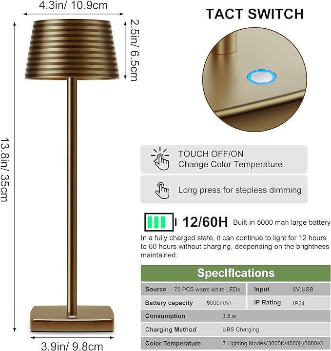 Rechargeable Cordless Table Lamp, Battery 6000mAh Metal Aluminum Housing USB LED Portable Powered Desk Lamp, 3 Levels Brightness Night Light for Restaurants Bars Outdoor (Titanium) - LeafyLoom