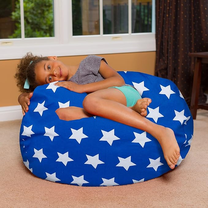 Posh Creations Bean Bag Chair for Kids, Teens, and Adults Includes Removable and Machine Washable Cover, 38in - Large, Canvas White Stars on Blue - LeafyLoom