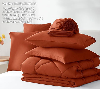 CozyLux King Comforter Set with Sheets 7 Pieces Bed in a Bag Burnt Orange All Season Bedding Sets with Comforter, Pillow Shams, Flat Sheet, Fitted Sheet and Pillowcases - LeafyLoom