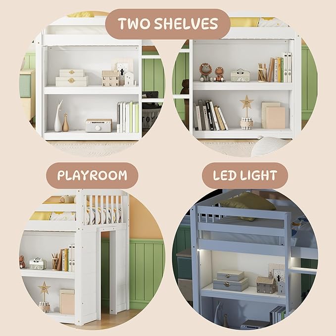 LED Twin Size Low Loft Bed for Kids,Twin Loft Bed with Storage Shelves,Kids Low Loft Bed Frame with LED Light,Space Saving, White - LeafyLoom