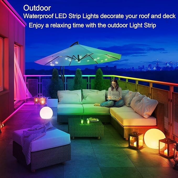 500ft Outdoor LED Strip Lights Waterproof,IP68 Outside Led Light Strips Waterproof with App and Remote,Music Sync RGB Exterior Led Rope Lights with Self Adhesive Back for Deck,Balcony,Pool LETIANPAI