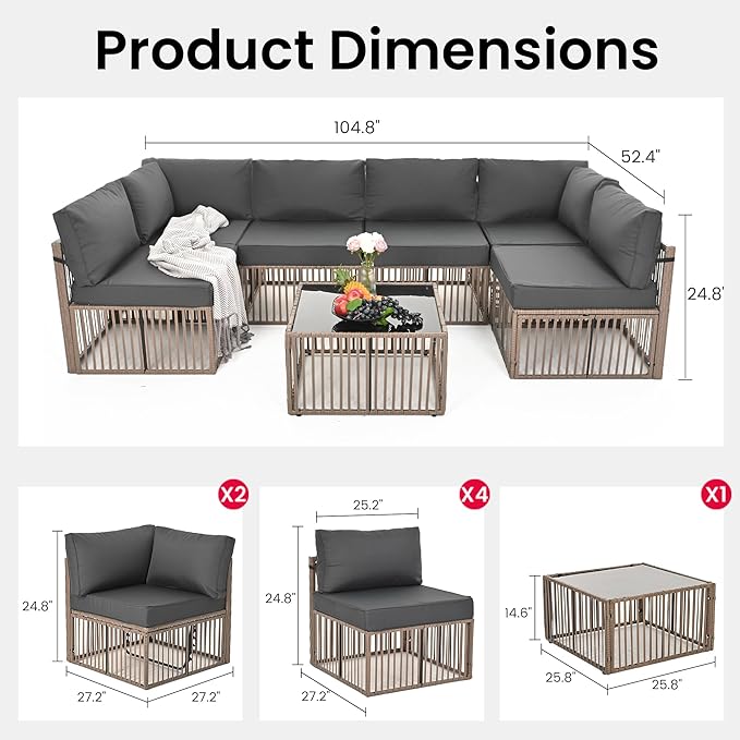 Pamapic 7 Pieces Outdoor Sectional Set, All-Weather PE Rattan Patio Conversation Set, Wicker Adjustable Patio Furniture Set with Washable Cushions Covers and Coffee Table, Brown Rattan, Gray Cushion - LeafyLoom