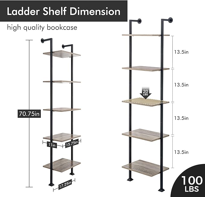 Axeman 5-Tier Ladder Shelf, Tall Narrow Bookcase for Small Spaces, Book Storage Organizer Case Open Shelves for Living Room, Home Office, Study, Industrial Style Black Metal Frame and Gray Shelf - LeafyLoom