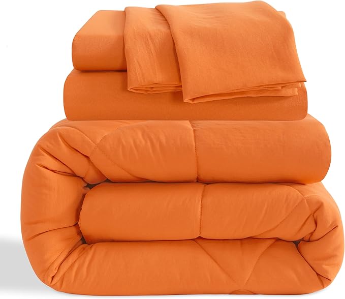 NTBAY Twin Comforter Set with Sheets, 5 Pieces Soft and Breathable Twin Bedding Set, Twin Bed in a Bag, Down Alternative Comforter Set Solid Color All Season, Kids Bedding Set, Orange - LeafyLoom