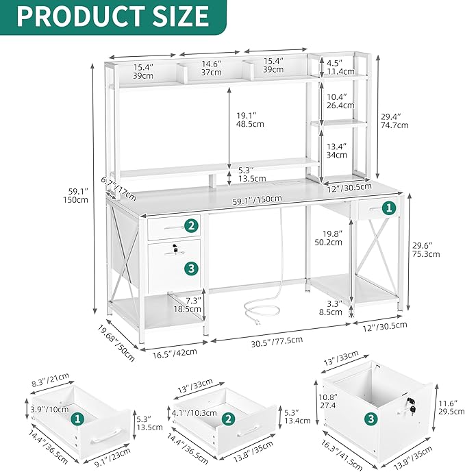 YITAHOME Computer Desk with Drawers & Hutch, 59.1" Office Desk with LED Lights & Power Outlets, Gaming Desk with Monitor Stand & Storage Shelves, White - LeafyLoom