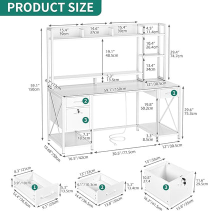 YITAHOME Computer Desk with Drawers & Hutch, 59.1" Office Desk with LED Lights & Power Outlets, Gaming Desk with Monitor Stand & Storage Shelves, White - LeafyLoom