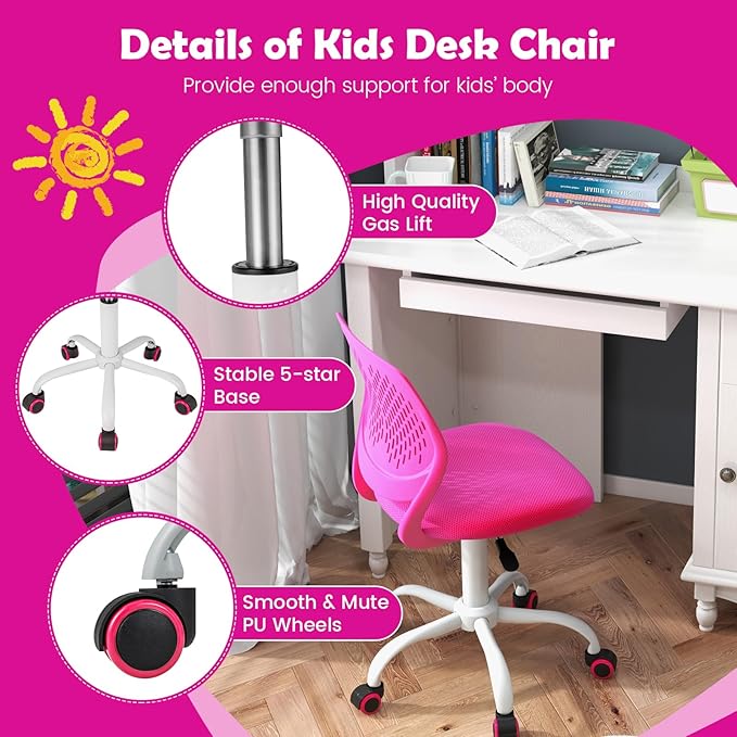 Kids Desk Chair, Blue Ergonomic Kids Office Chair Ages8-12 w/Lumbar Support, Low-Back Teen Desk Chair for Girls Boys, Small Cute Kids Computer Chair for Bedroom/Study/Vanity Desk (Rose Red) - LeafyLoom