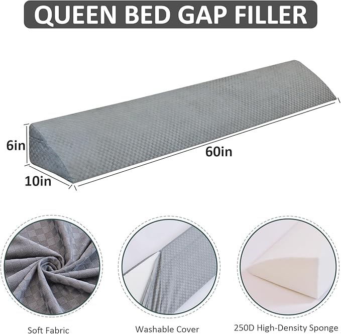 Wedge Pillow for Headboard - Queen Size Bed Wedge Pillow Headboard, Bed Wedge Gap Filler, Pillow Wedge for Headboard Gap - Fill The Gap (0-8") Between Headboard and Mattress (60"x10"x6") - LeafyLoom