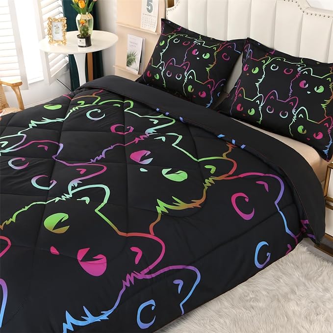 ENCOFT Kids Bedding Set Cat Comforter Set Full for Girls and Boys 3 Piece Cartoon Bed Set Black Comfortable and Breathable All Season for Teens and Adults Room Decor with 1 Comforter and 2 Pillowcases - LeafyLoom