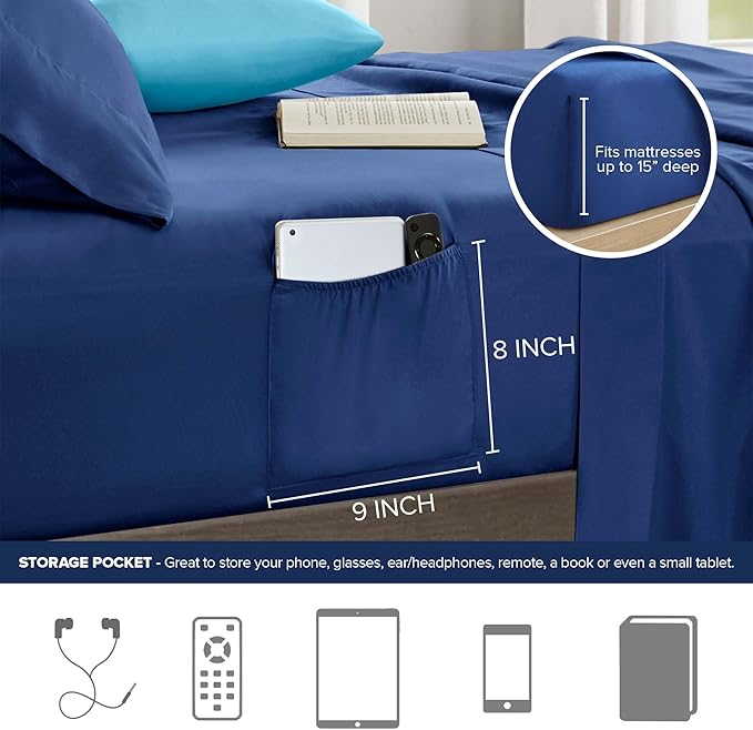 Comfort Spaces Queen Comforter Sets with Sheets - Bed in a Bag 9 Pieces Teen Bedding Sets Queen, Navy and Grey Stripes Bedding Queen, College Queen Bed Set, 2 Side Pocket Bedroom Organizer Queen Navy - LeafyLoom