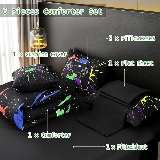 DORCAS Full Size Gamer Comforter Set with Sheets for Boys,Game Console Black Bedding Set for Kids,6 Pieces Bed in a Bag Colorful Graffiti Gaming Controller Comforter,Sheets,Pillowcases (Black, Full) - LeafyLoom