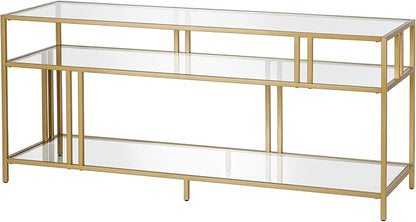 Henn&Hart Rectangular TV Stand with Glass Shelves for TV's up to 60" in Brass, TV Stands for the Living Room - LeafyLoom