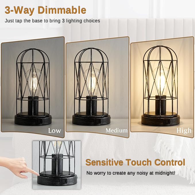 Small Touch Table Lamp Set of 2, 3 Way Dimmable Industrial Bedside Lamp with AC Outlet Rustic Steampunk Nightstand Lamp for Bedroom Living Room Office, LED Bulb Included - LeafyLoom