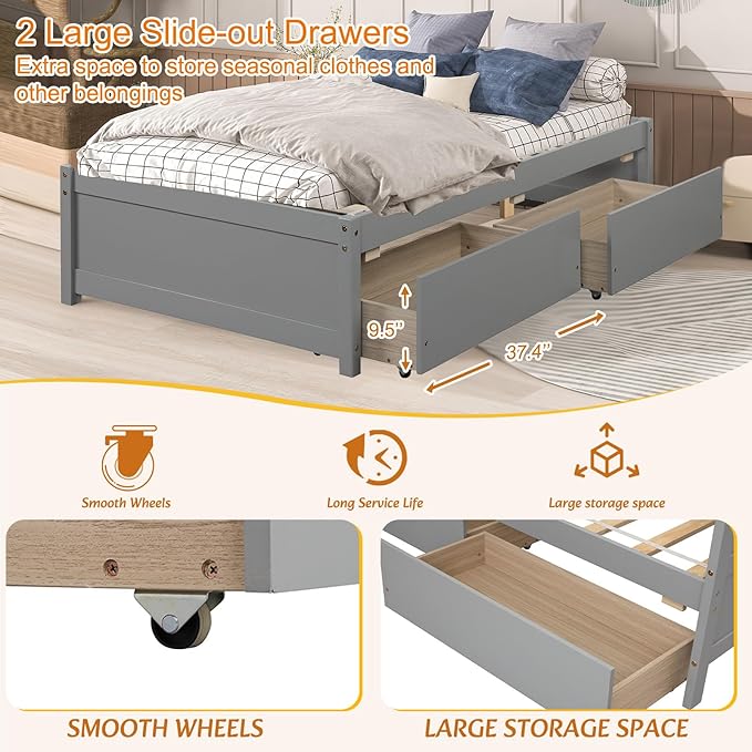 Twin Bed with 2 Storage Drawers, Solid Pinewood Twin Size Bed Frame,for Boys/Girls/Teens Bedroom, Easy to Assemble, No Box Spring Needed,Grey - LeafyLoom