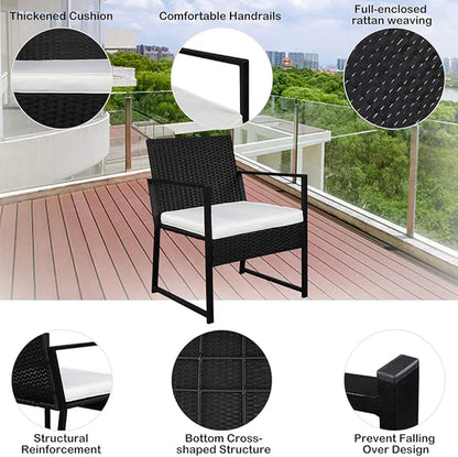 Outvita 3PCS Rattan Conversation Set, Outdoor Wicker Furniture Bistro Set 2 Chairs and Glass Top Table for Small Balcony Backyard Patio(Black) - LeafyLoom