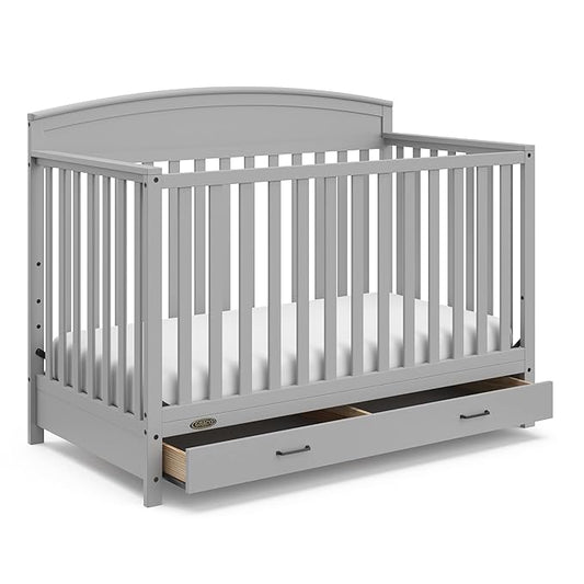 Graco Benton 5-in-1 Convertible Crib with Drawer (Pebble Gray) -Converts from Baby Crib to Toddler Bed, Daybed and Full-Size Bed,Fits Standard Full-Size Crib Mattress, Adjustable Mattress Support Base - LeafyLoom