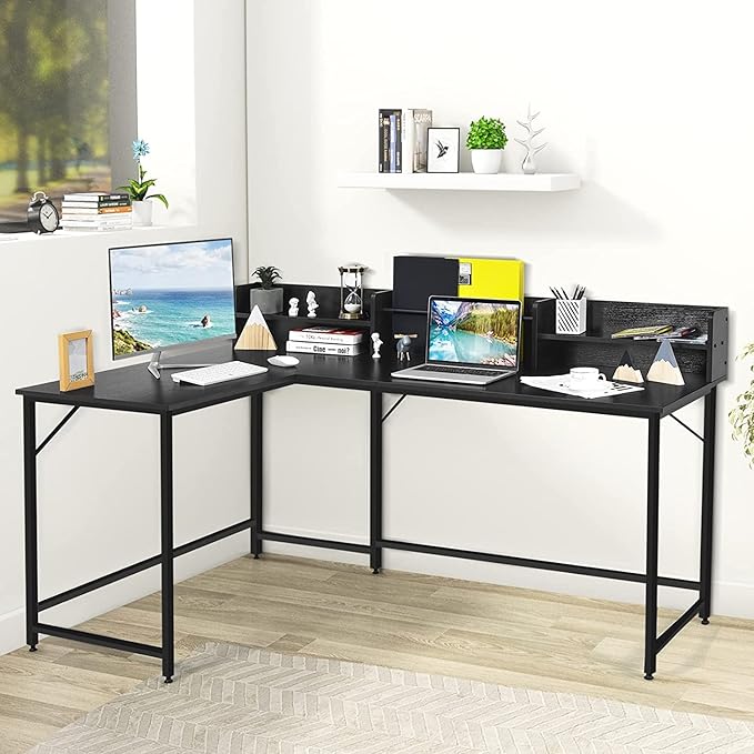 LUARANE 65.5 Inches L-Shaped Desk, Industrial Computer Desk with Hutch File Rack, Space Saving Corner Desk with Metal Frame, Computer Workstation for Home Office (Black) - LeafyLoom