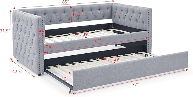 RITSU Double Daybed with Casters, Upholstered Tufted Pull-Out Sofa Bed, Fabric Solid Wood Structure, Square Arms w/Buttons and Copper Nails Accent, Suitable for Bedroom, Apartment, 85.00, Grey-1 - LeafyLoom