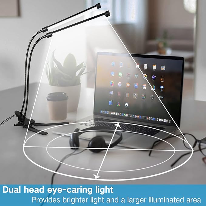 Clip on Lamp, Dual Head Bright Eye-Care 3 Color Mode Desk Lamp with Clamp, 5 Level Dimmer Clip on Light, 360 °Adjustable Clip on Desk Lamp for Reading, Working, Bedroom, Music Stand - LeafyLoom