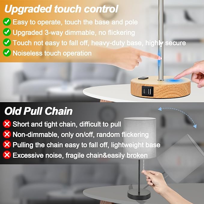 𝟮𝟬𝟮𝟯 𝗡𝗘𝗪 Touch Wood Table Lamps Set of 2, Bedroom Lamps with 2 USB & AC Outlet, 3-Way Dimmable Bedside Nightstand Lamps for Bedroom Living Room Nursery, 800 Lumens 2700K Bulbs Included - LeafyLoom