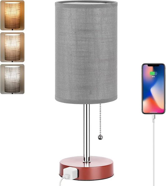 Dott Arts Table Lamp for Bedroom, 3-Color Bedside Lamps with Pull Chain, Bedroom Table Lamps for Nightstand,Small Lamp for Living Room, Bulb Included Grey Striped … - LeafyLoom