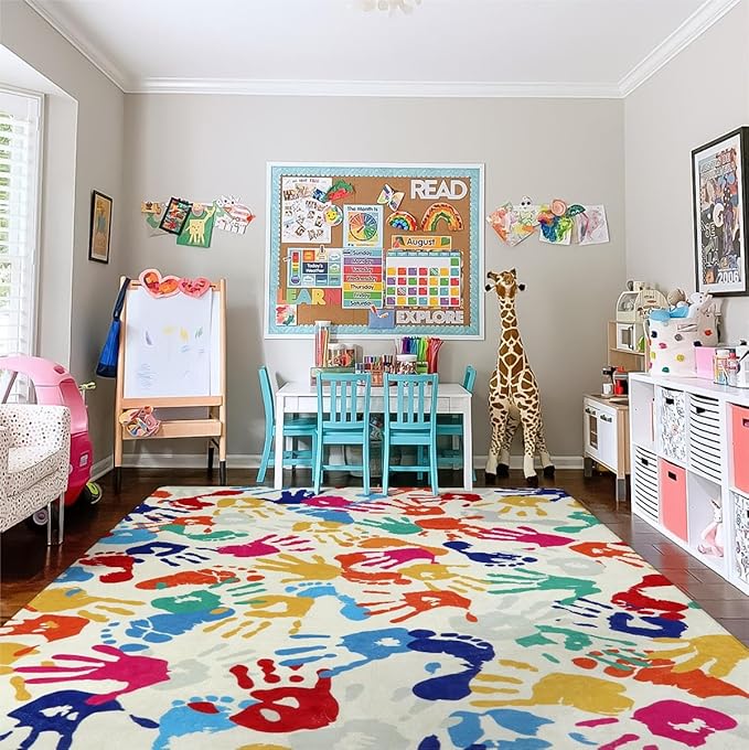 Large Kids Rug for Playroom, 8'x10' Handprints and Footprints Colorful Rug for Classroom, Non-Slip Washable Rug for Nursery, Soft Throw Carpet Indoor Playmat for Kids Room Dorm Bedroom - LeafyLoom