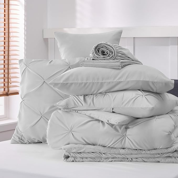 Bedsure Twin Comforter Set with Sheets - 5 Pieces Twin Bedding Sets, Pinch Pleat Light Grey Twin Bed in a Bag with Comforter, Sheets, Pillowcase & Sham - LeafyLoom