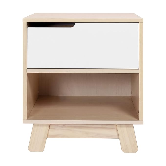 Babyletto Hudson Nightstand with USB Port in Washed Natural and White, 1 Drawer and Storage Cubby - LeafyLoom