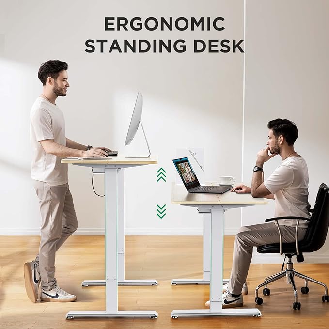 Memory Electric Height Adjustable Desk, Sit Stand Up Computer Workstation, 48 x 24 Inch Monitor Stand Study Table for Home Office, Maple - LeafyLoom