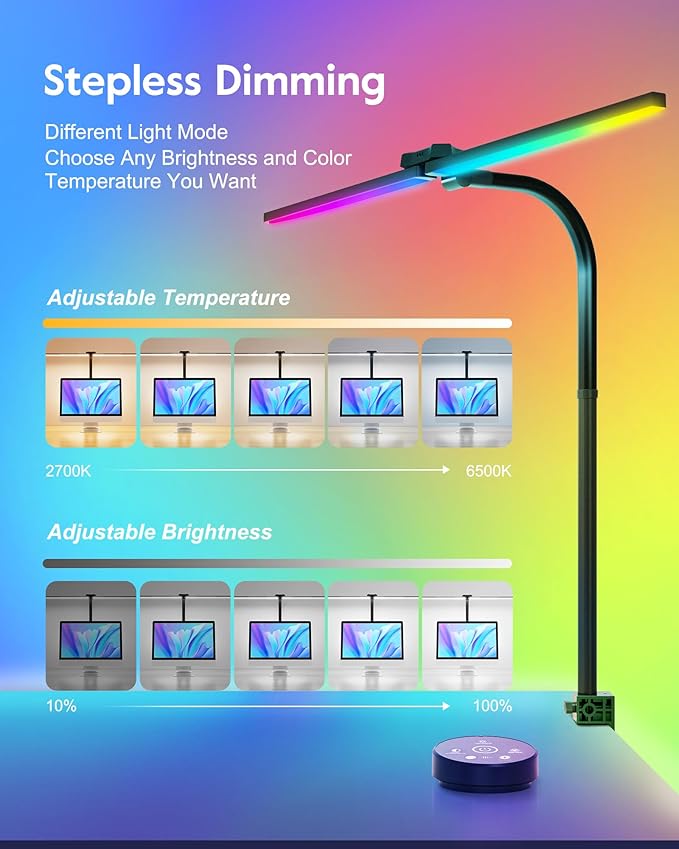 Brightown LED Desk Lamp with Clamp for Home Office, Double Head Color Changing Desk Lights with Remote, 24W Ultra Bright Multicolor Table Lamp with Rotatable Swing Arms for Gaming Computer, RGB Mode - LeafyLoom