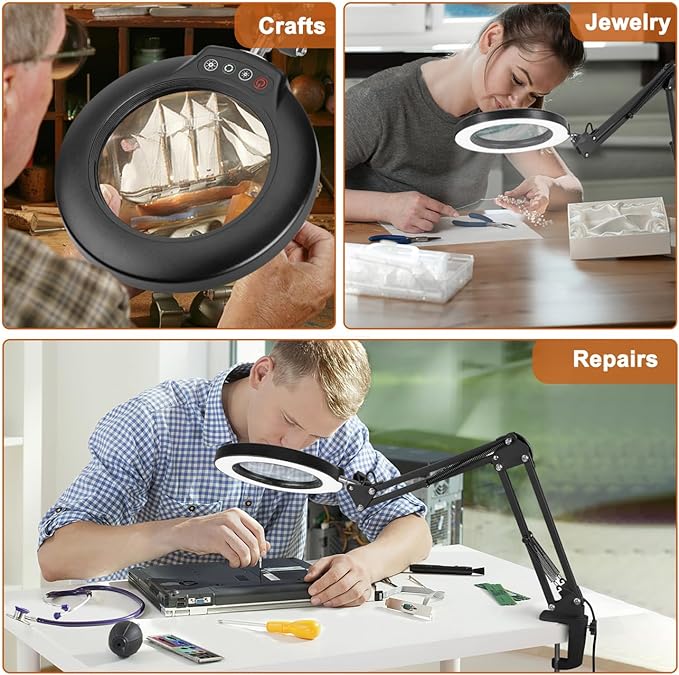 Veemagni 10X Magnifying Glass with Light and Stand, 5 Color Modes Stepless Dimmable 2-in-1 Desk Lamp & Clamp, LED Lighted Magnifier with Light, Hands Free for Repair Craft Hobby Close Work - LeafyLoom