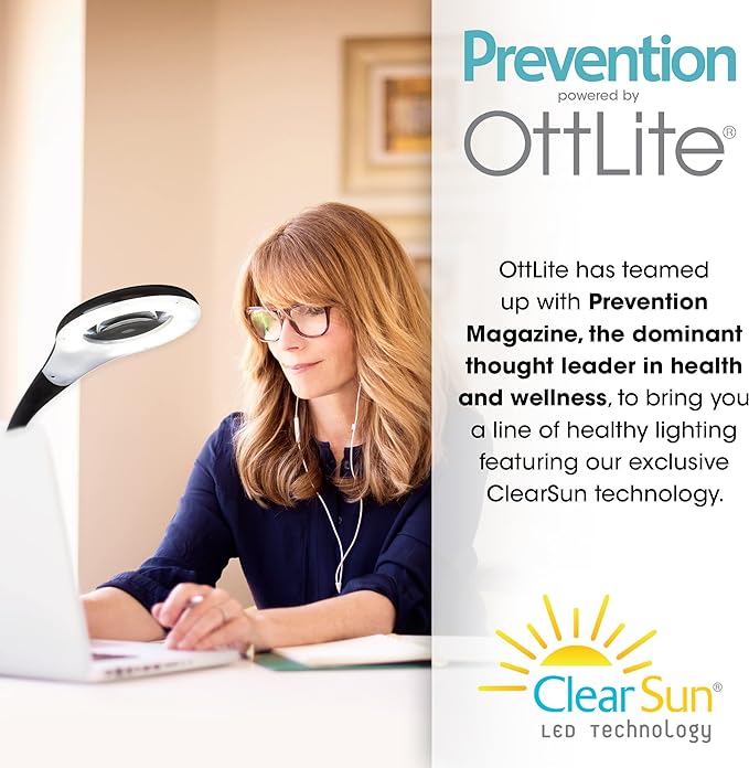 OttLite LED Desk Lamp with Adjustable Magnifier, Prevention Series - Designed to Reduce Eyestrain - Adjustable Flexible Neck, 4 Brightness Settings & Touch Controls - Crafting, Reading & Studying - LeafyLoom