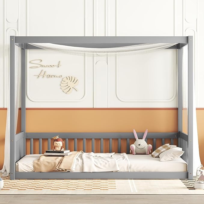 Twin Size Canopy Bed Frame with Guardrails for Kids,Floor Bed Twin with Four Poster Design,Kids Montessori Floor Bed,Wood Canopy Bed Frame for Girls,Boys(Twin,Grey) - LeafyLoom