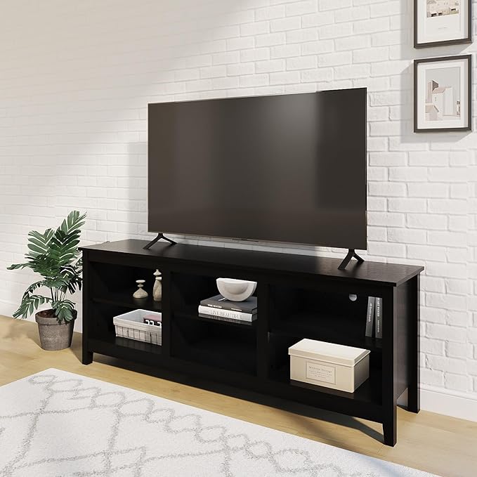 TV Stand for 75 inch TV with Storage,Modern TV Entertainment Center for Bedroom,TV Media Console Table with 6 Open Storage Shelve,63 inch Wood TV Cabinet Black - LeafyLoom