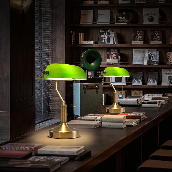 Banker Desk Lamp Green Glass, Antique Desk Lamps with Brass Base, Traditional Library Table Lamp with USB A and Type C Charging Port for Office, Study Room, Pull Chain Switch - LeafyLoom