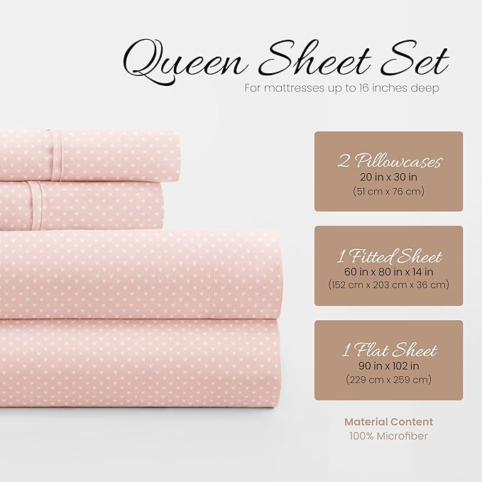 Linen Market 4 Piece Queen Bedding Sheet Set (Pink Heart) - Sleep Better Than Ever with These Ultra-Soft & Cooling Bed Sheets for Your Queen Size Bed - Deep Pocket Fits 16" Mattress - LeafyLoom