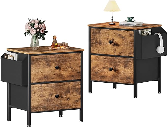 BOLUO Nightstands Set of 2 with Drawers, Small Night Stand with Pocket 2 Drawer Dresser for Bedroom Set End Table Brown - LeafyLoom