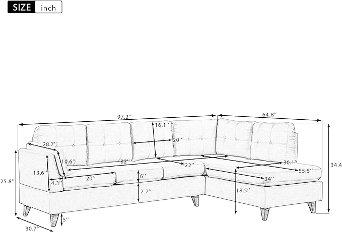 Modern Linen Fabric Sofa with Chaise Lounge, L-Shape Couch with one Lumbar Pad, Comfy Button Tufted Backrest, 4 Seat Corner Sectional Set for Living Room Furniture Office, 97.2", Grey-L - LeafyLoom