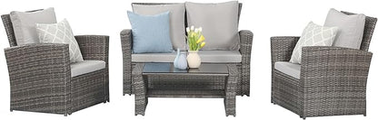 Wisteria Lane 4 Piece Outdoor Patio Furniture Sets, Wicker Conversation Set for Porch Deck, Gray Rattan Sofa Chair with Cushion - LeafyLoom