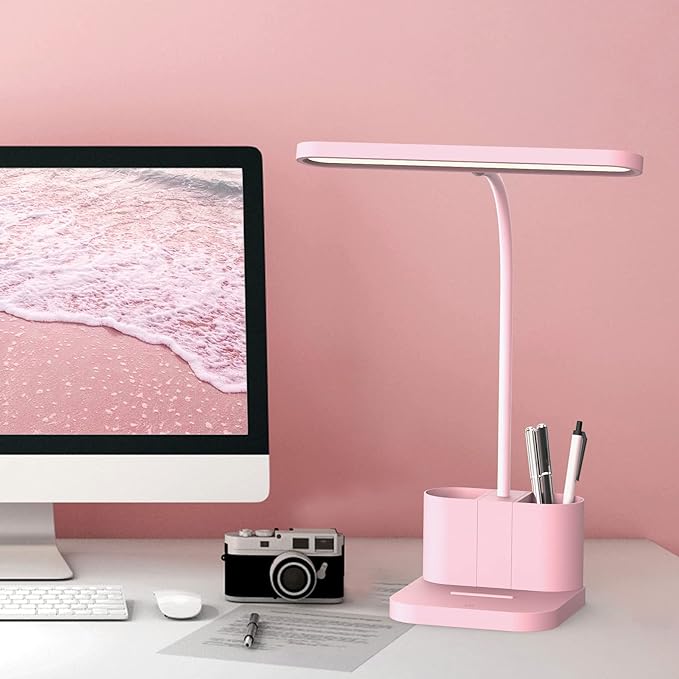 AXX Pink Desk Lamp for Home Office, Cute Desk Lamps for Bedrooms, Kawaii, Dimmable LED, Flexible Gooseneck, Pen Holder, Touch Control, Room College Dorm Essentials for Teen Girls Kids - LeafyLoom