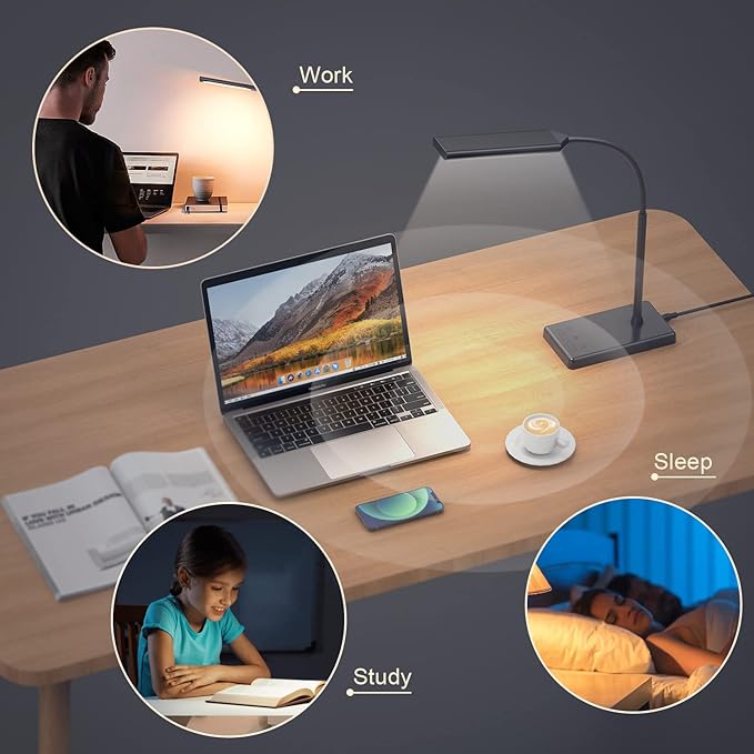 KEXIN LED Desk Touch Lamp with Wireless Charging & USB Charging Table Lamp 5 Color Modes 6 Brightness Levels Eye-Caring Gooseneck Desk Lamp for Home Office with Memory Function 1h Timer Bedside Lamp - LeafyLoom