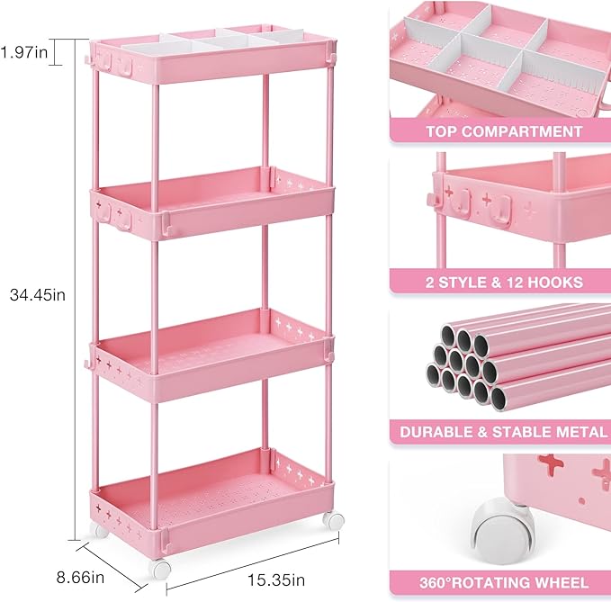 TOOLF 4 Tier Utility Cart with Wheels, Rolling Cart with Adjustable Divider & Hooks, Cart Organizer for Diaper Craft Snack, Narrow Storage Cart for Laundry Bedroom Bathroom Kitchen, Pink - LeafyLoom